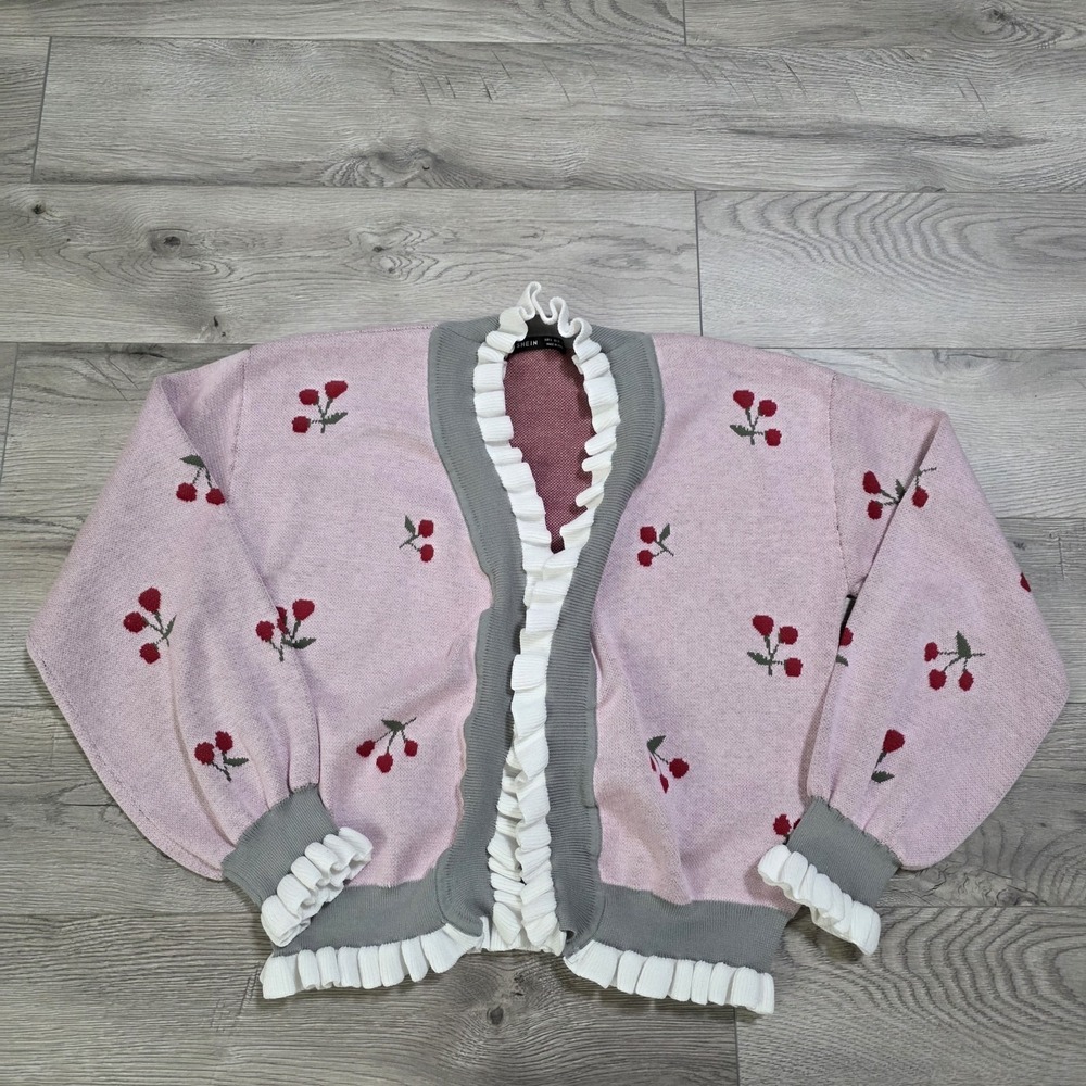 SHEIN Cherry Ruffle Trim Cardigan Women's Small S Pink‎ Gray Open Front Kawaii